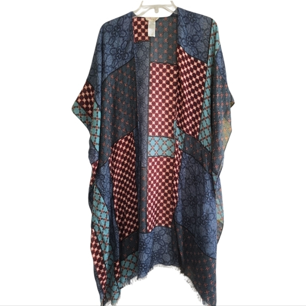 Free People Boho Patchwork Open Front Kimono One Size Frayed Edges Layering Swim